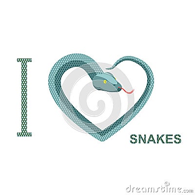 I love snakes. Ð«ymbol of heart of snake. Python curled up. Ve Vector Illustration