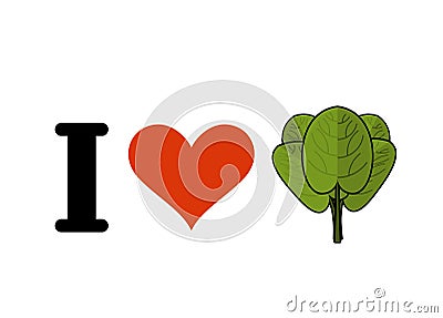 I love spinach. Heart and green leaf lettuce. Fresh greens Vector Illustration