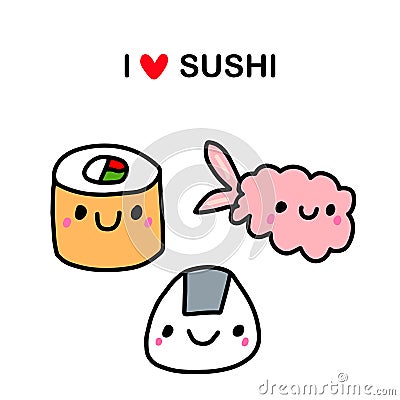 I love sushi hand drawn vector illustration in cartoon comic style japanese traditional food fish Cartoon Illustration