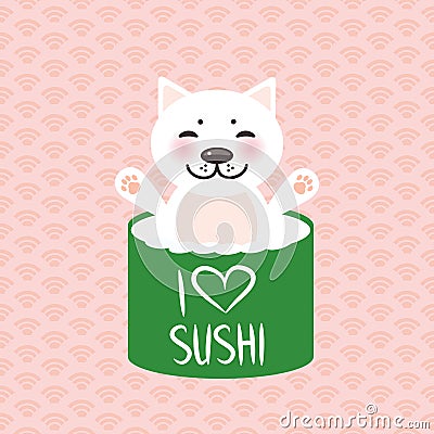 I love sushi. Kawaii funny sushi rolls and white cute cat with pink cheeks, emoji. Pink background with japanese circle pattern. V Vector Illustration