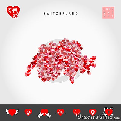 I Love Switzerland. Red Hearts Pattern Vector Map of Switzerland. Love Icon Set Vector Illustration