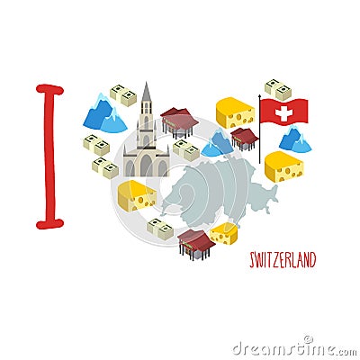 I love Switzerland. Symbol heart of cheese and Alps, Bank and mo Vector Illustration