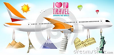 I Love to Travel Text with Flying Airplane with Hanging Vector Famous Landmarks Vector Illustration