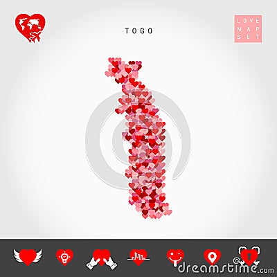 I Love Togo. Red Hearts Pattern Vector Map of Togo. Love Icon Set Stock Photo