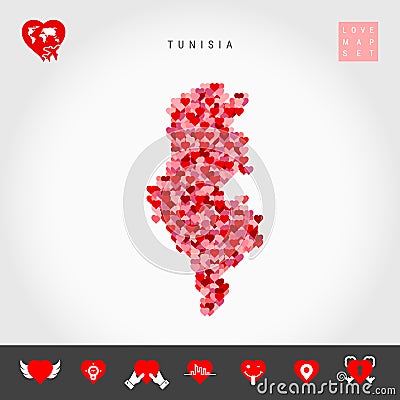 I Love Tunisia. Red Hearts Pattern Vector Map of Tunisia. Love Icon Set Vector Illustration