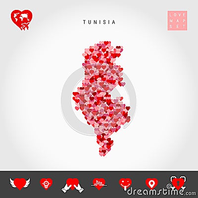 I Love Tunisia. Red Hearts Pattern Vector Map of Tunisia. Love Icon Set Stock Photo