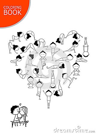 I love yoga! Heart shape, coloring book design Vector Illustration