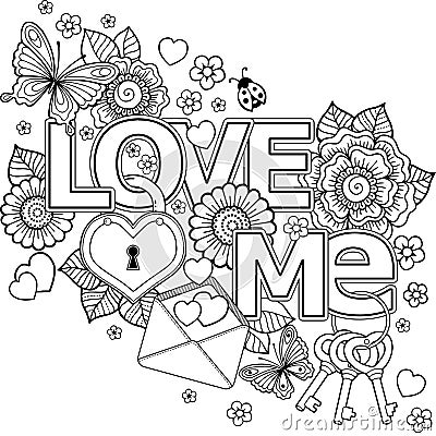 I love you. Abstract background made of flowers, keys and loc, butterflies, and the word love. Vector Illustration