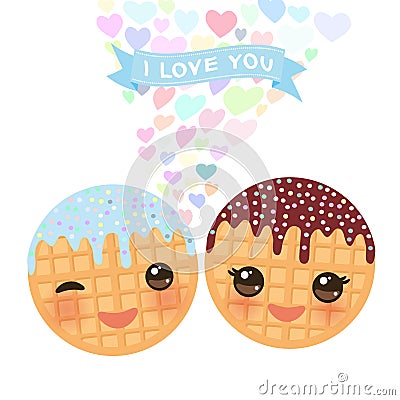 I love you Card design with hearts Kawaii Belgium waffles with pink cheeks and winking eyes, pastel colors on white background. Ve Vector Illustration