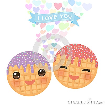 I love you Card design with hearts Kawaii Belgium waffles with pink cheeks and winking eyes, pastel colors on white background. Ve Vector Illustration