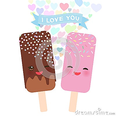 I love you Card design with Kawaii chocolate and strawberry Ice cream, ice lolly with pink cheeks and winking eyes, pastel colors Vector Illustration