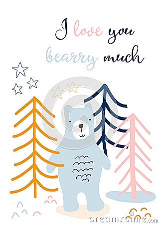 I love you card kids Scandinavian style with cute bear in forest hand drawn vector illustration. I love you berry much. Children Cartoon Illustration