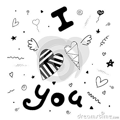 I love you. Cute card with hearts, wings and cute elements. Vector Illustration