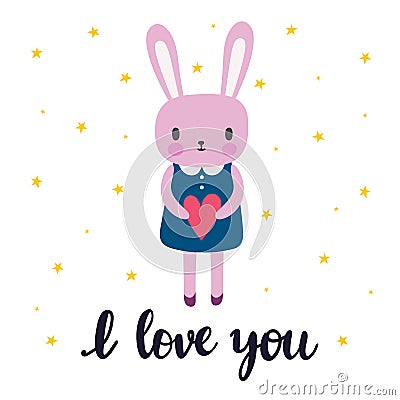 I love you. Cute little bunny. Romantic card, greeting card or postcard. Illustration with beautiful rabbit with heart Vector Illustration