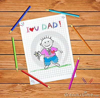 I Love You Dad Baby Drawing, Dad Hold Flower Card Vector Illustration