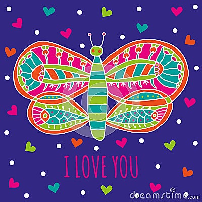 I love you greeting card. Cute butterfly with bright colorful ornaments and hearts on a dark blue background Vector Illustration