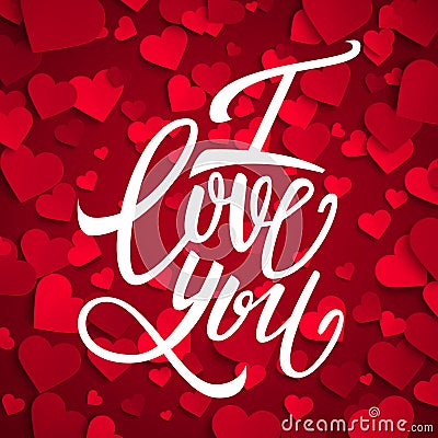 I love you handwritten brush pen lettering on red hearts background, Valentine's Day Vector Illustration