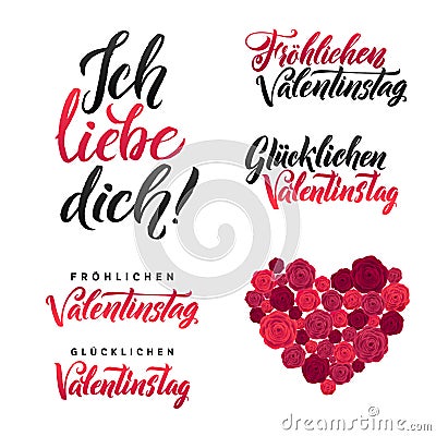 I Love You. Happy Valentines Day. German Black and Pink Lettering Set. Greeting Card White Background. Hand Drawn Vector Illustration