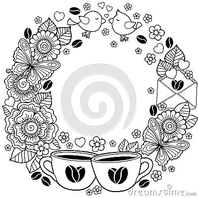 I love you. Have a nice day. Abstract background made of flowers, cups, butterflies, and birds Vector Illustration