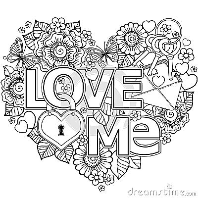 I love you. heart-shaped Abstract background made of flowers, cups, butterflies, and birds Vector Illustration