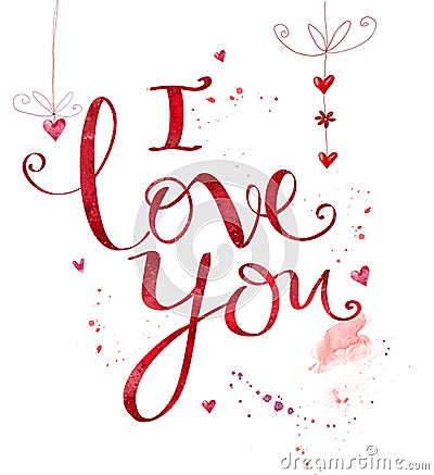 I love you. Isolated calligraphic lettering text with hearts and flowers an Stock Photo
