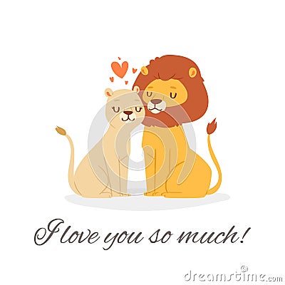 I love you lion lettering vector illustration, cartoon flat cute happy lion couple sitting together with pink loving Vector Illustration