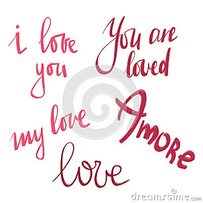 I love you, Love. Calligraphy phrases, beautiful writing. Set phrases Stock Photo