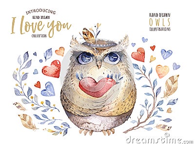 I love you. Lovely watercolor illustration with sweet owls, hearts and flowers in awesome colors. Stunning romantic Cartoon Illustration