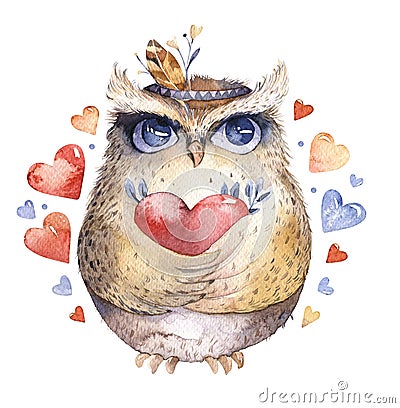 I love you. Lovely watercolor illustration with sweet owls, hearts and flowers in awesome colors. Stunning romantic Cartoon Illustration