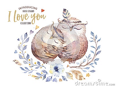 I love you. Lovely watercolor illustration with sweet owls, hearts and flowers in awesome colors. Stunning romantic Cartoon Illustration