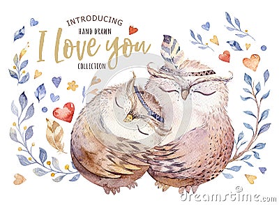 I love you. Lovely watercolor illustration with sweet owls, hearts and flowers in awesome colors. Stunning romantic Cartoon Illustration