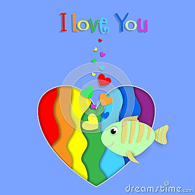 I love you paper cut fish on rainbow heart card Stock Photo