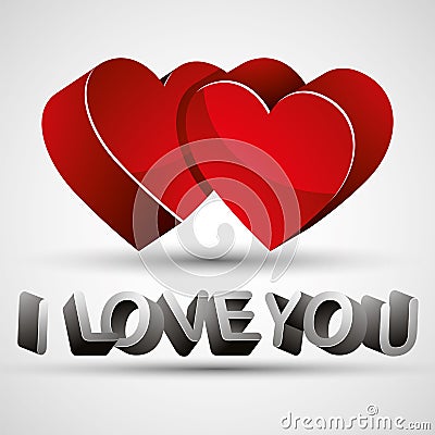 I love you phrase made with 3d letters and two red hearts isolated on white background, vector. Vector Illustration