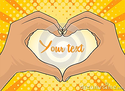 I Love you. Pop art blue background with men`s hands with heart sign. Vector colorful hand drawn illustration in retro comic style Cartoon Illustration