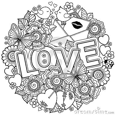 I love you. Rounder frame made of flowers, butterflies, birds kissing and the word love. Vector Illustration