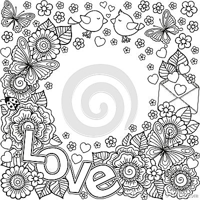 I love you. Rounder frame made of flowers, butterflies, birds kissing and the word love. Vector Illustration