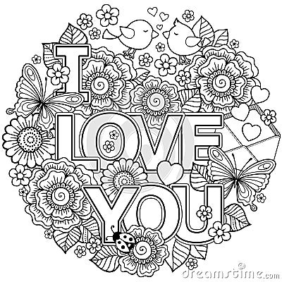 I love you. Rounder frame made of flowers, butterflies, birds kissing and the word love. Vector Illustration