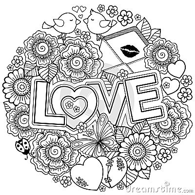 I love you. Rounder frame made of flowers, butterflies, birds kissing and the word love. Vector Illustration