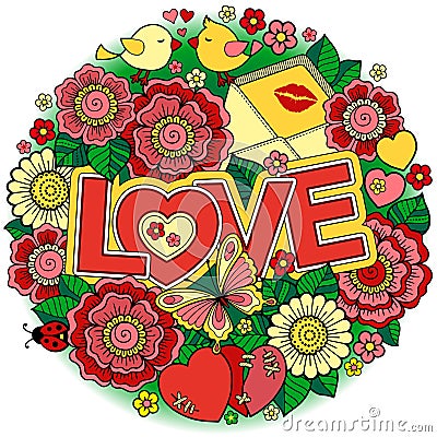 I love you. Rounder frame made of flowers, butterflies, birds kissing and the word love. Vector Illustration