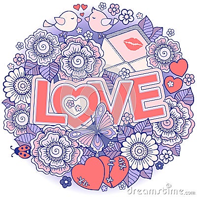 I love you. Rounder frame made of flowers, butterflies, birds kissing and the word love. Vector Illustration
