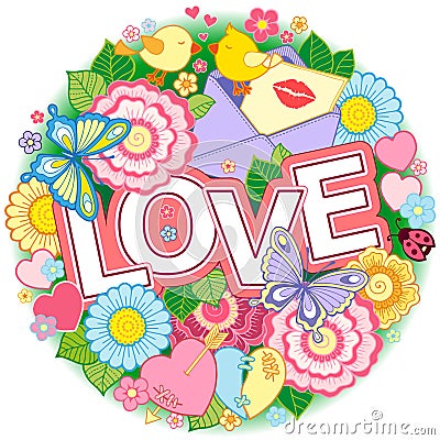 I love you. Rounder frame made of flowers, butterflies, birds kissing and the word love. Vector Illustration