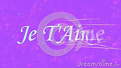 I Love You text in French Je T'Aime turns to dust from right on purple background Stock Photo