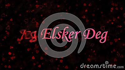 I Love You text in Norwegian Jeg Elsker Deg turns to dust from left on dark background Stock Photo