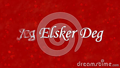 I Love You text in Norwegian Jeg Elsker Deg turns to dust from left on red background Stock Photo