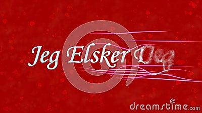 I Love You text in Norwegian Jeg Elsker Deg turns to dust from right on red background Stock Photo