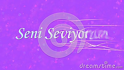 I Love You text in Turkish Seni Seviyorum turns to dust from right on purple background Stock Photo