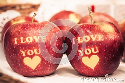 I love you writen on red apples Stock Photo