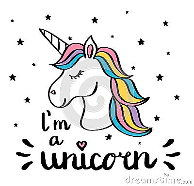 I m a unicorn handwriting text drawing isolated on white Vector Illustration