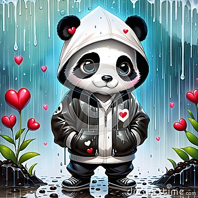 I noticed a sad scene a panda standing in the garden, wearing a hoodie, with a broken heart lying on the ground next to them. Stock Photo