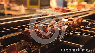I pezzi di carne fritti deliziosi appetitosi sugli spiedi sono arrostiti su una grande griglia all'aperto Il cuoco unico prepara stock footage I pezzi di carne fritti deliziosi appetitosi sugli spiedi sono arrostiti su una grande griglia all'aperto Il cuoco unico prepara stock footage